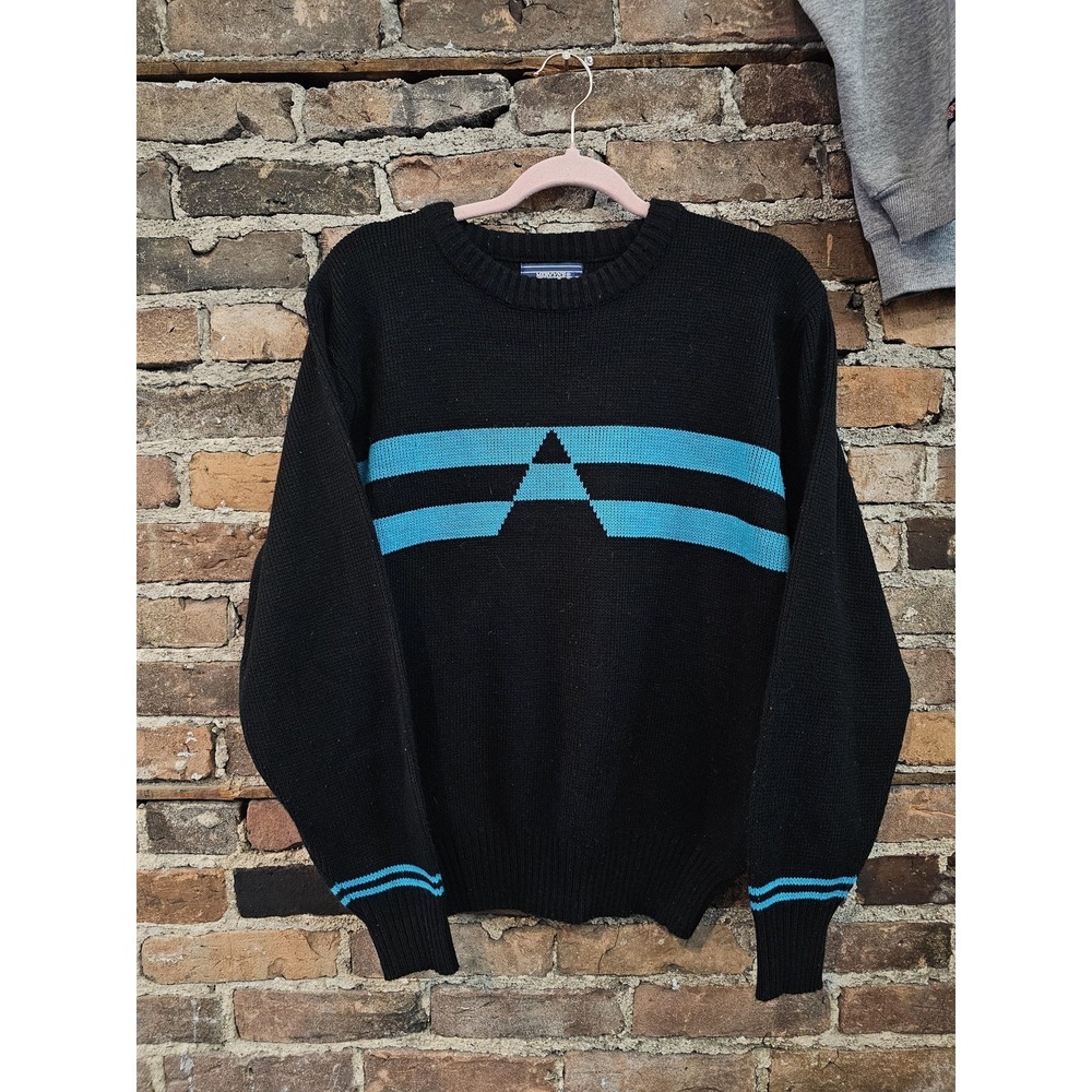 Vintage Mervyn's Sweater Mens Medium Black Knit Pullover Korea Triangle 80s